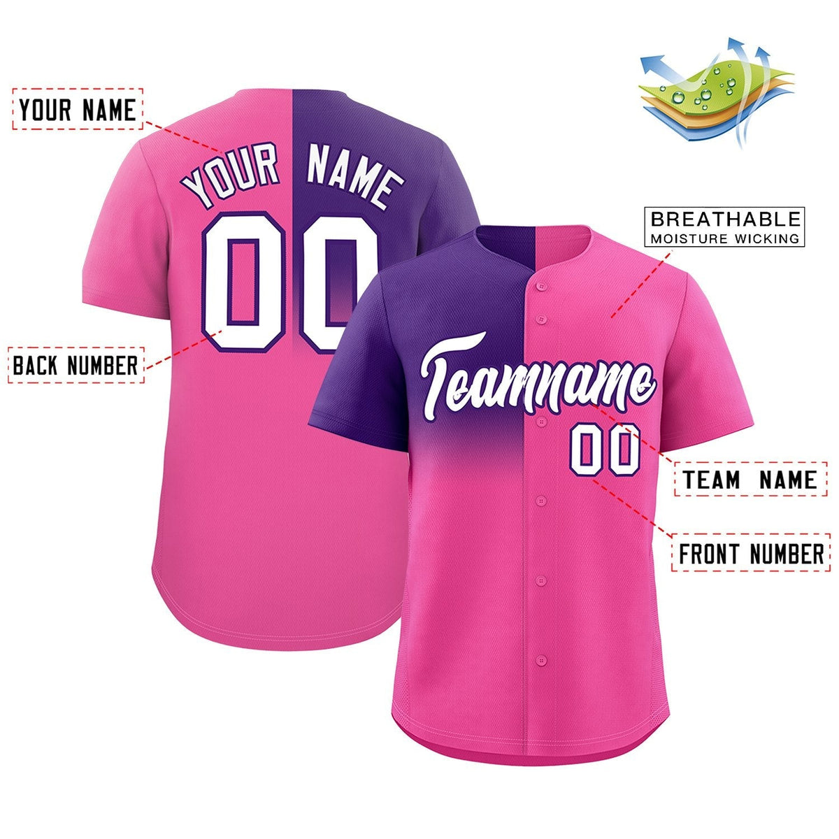 Custom Pink Purple Personalized Half Gradient Design Authentic Baseball Jersey
