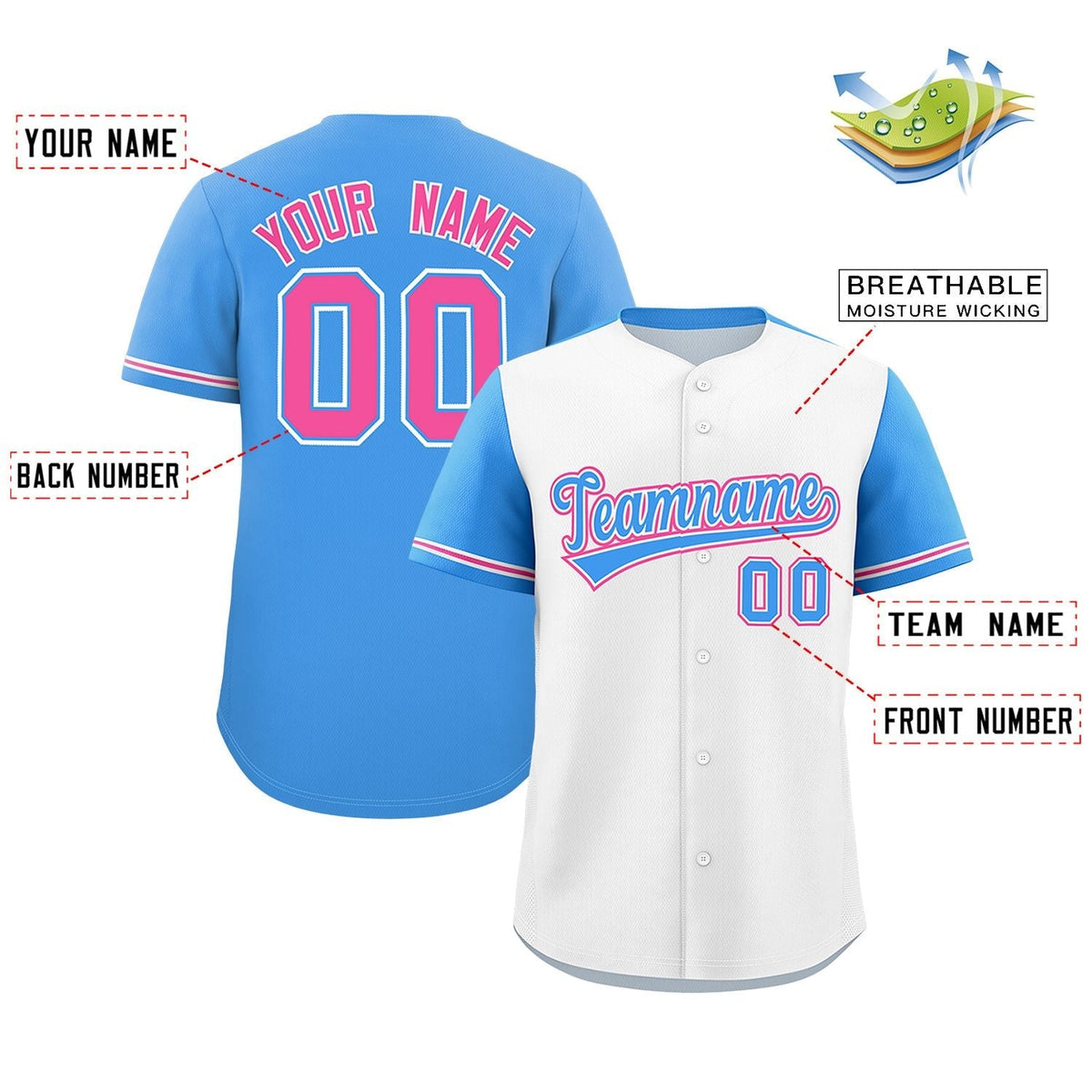 Custom White Powder Blue Color Block Personalized Raglan Sleeves Authentic Baseball Jersey