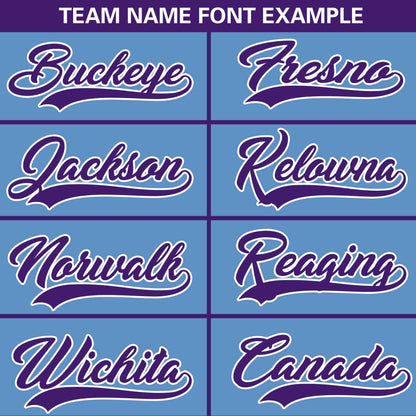 Custom Light Blue Purple Color Block Personalized Raglan Sleeves Authentic Baseball Jersey