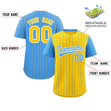Custom Gold Powder Blue Pinstripe Personalized Raglan Sleeves Authentic Baseball Jersey
