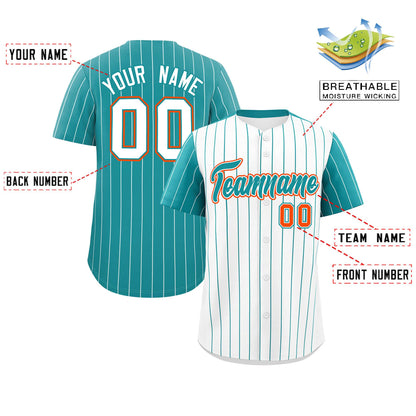 Custom White Aqua Pinstripe Personalized Raglan Sleeves Authentic Baseball Jersey