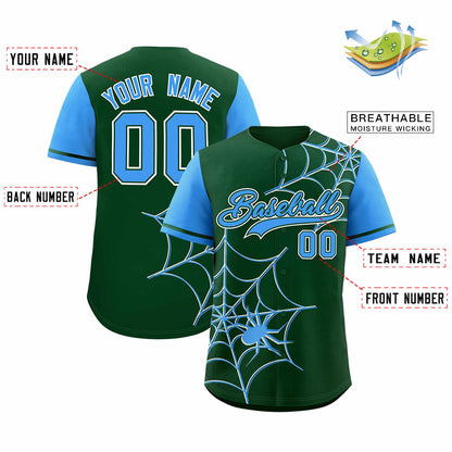 Custom Green-Powder Blue Spider Web Pattern Raglan Sleeves Authentic Baseball Jersey