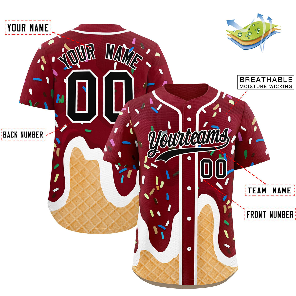 Custom Crimson Ice Cream Cone Graffiti Pattern Fashion Authentic Baseball Jersey