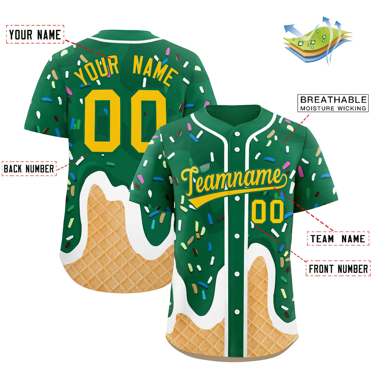 Custom Kelly Green Ice Cream Cone Graffiti Pattern Fashion Authentic Baseball Jersey