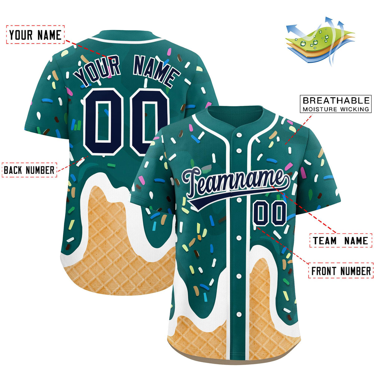 Custom Aqua Ice Cream Cone Graffiti Pattern Fashion Authentic Baseball Jersey