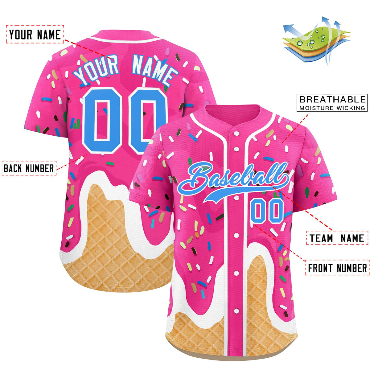 Custom Pink Ice Cream Cone Graffiti Pattern Fashion Authentic Baseball Jersey