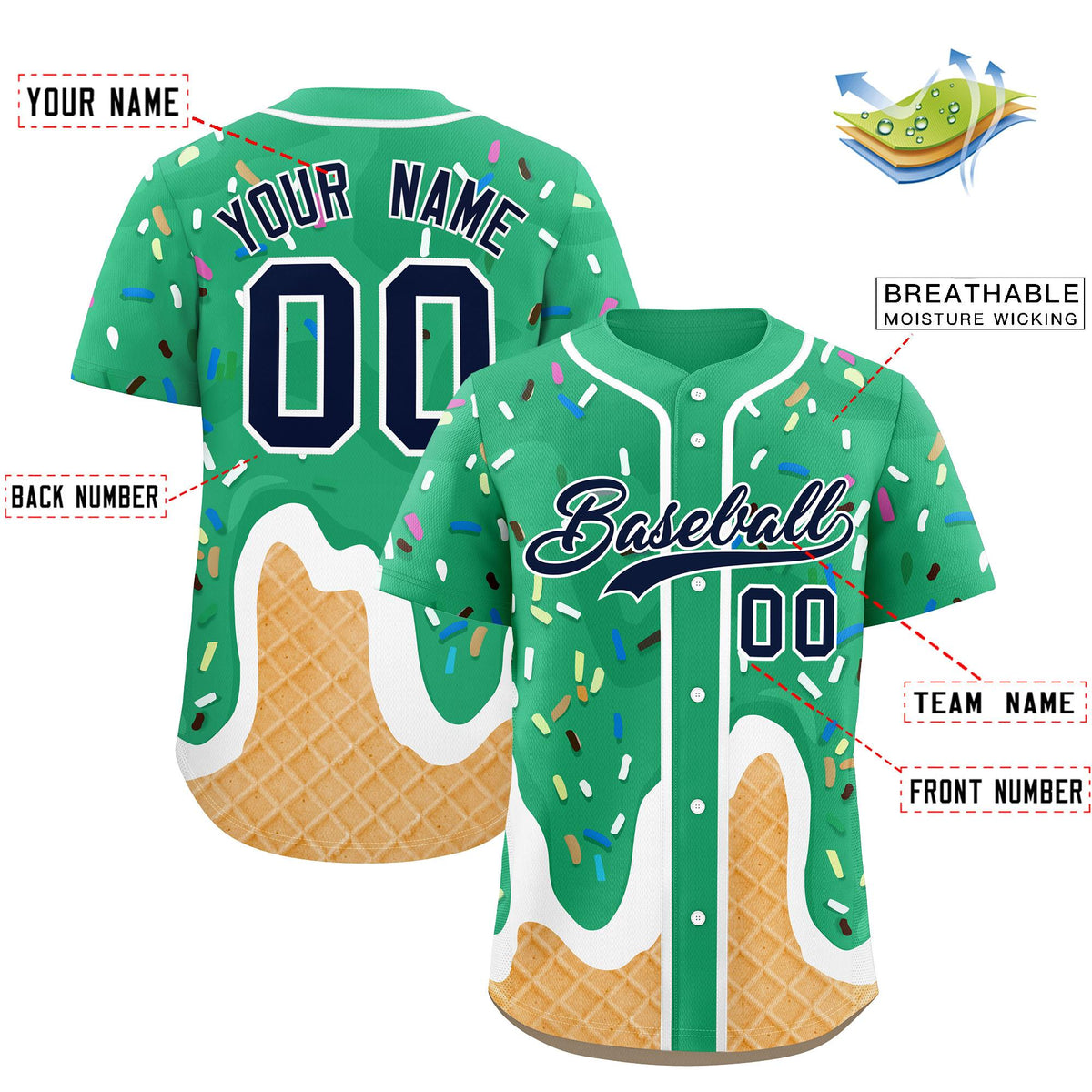 Custom Brilliant Green Ice Cream Cone Graffiti Pattern Fashion Authentic Baseball Jersey