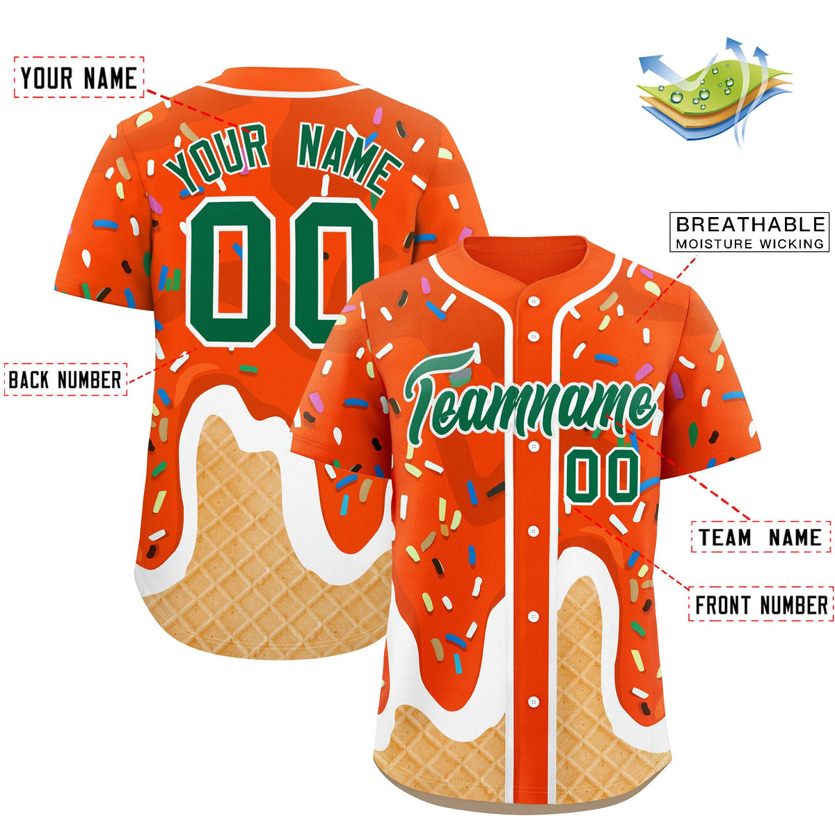 Custom Orange Ice Cream Cone Graffiti Pattern Fashion Authentic Baseball Jersey