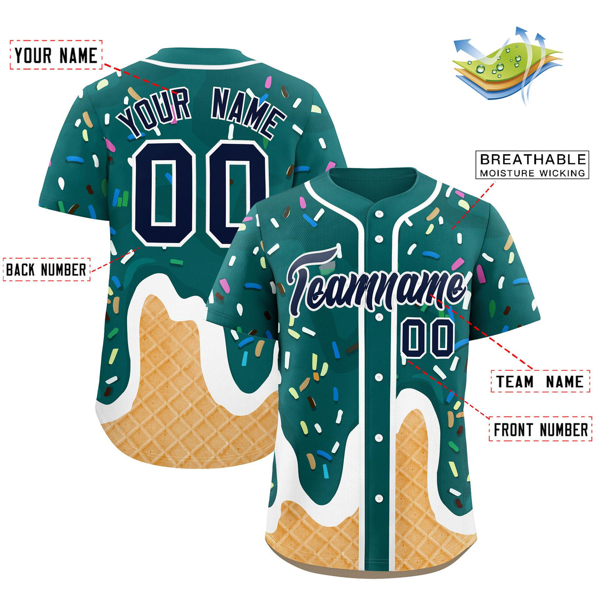 Custom Aqua Ice Cream Cone Graffiti Pattern Fashion Authentic Baseball Jersey