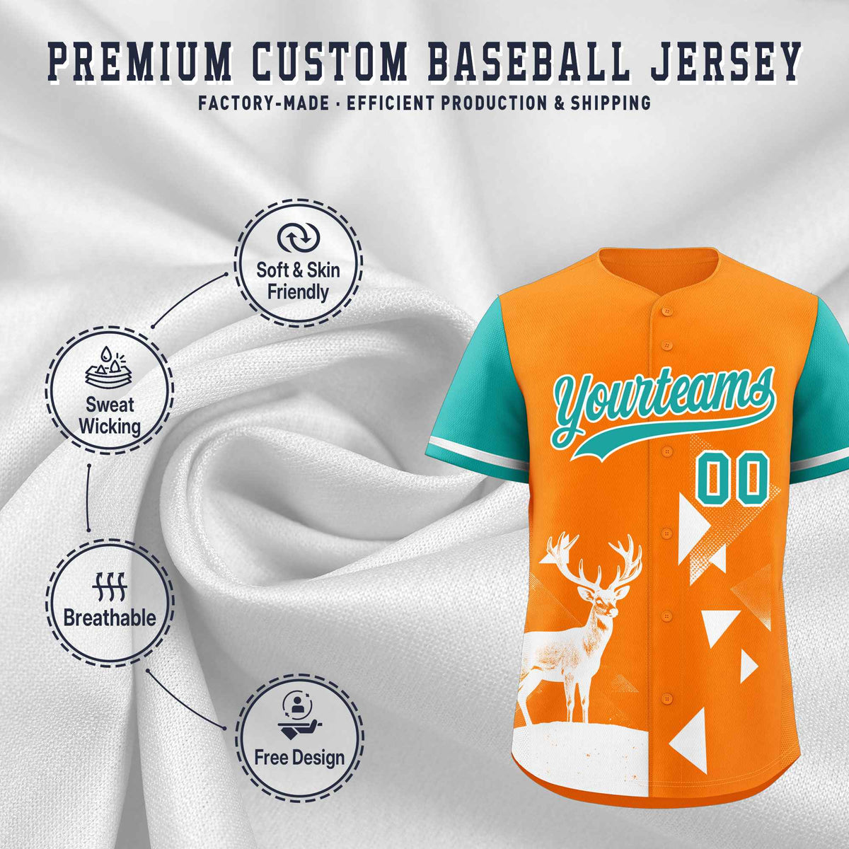 Custom Aqua Orange Raptor Series Raglan Sleeves Breathable Baseball Jersey