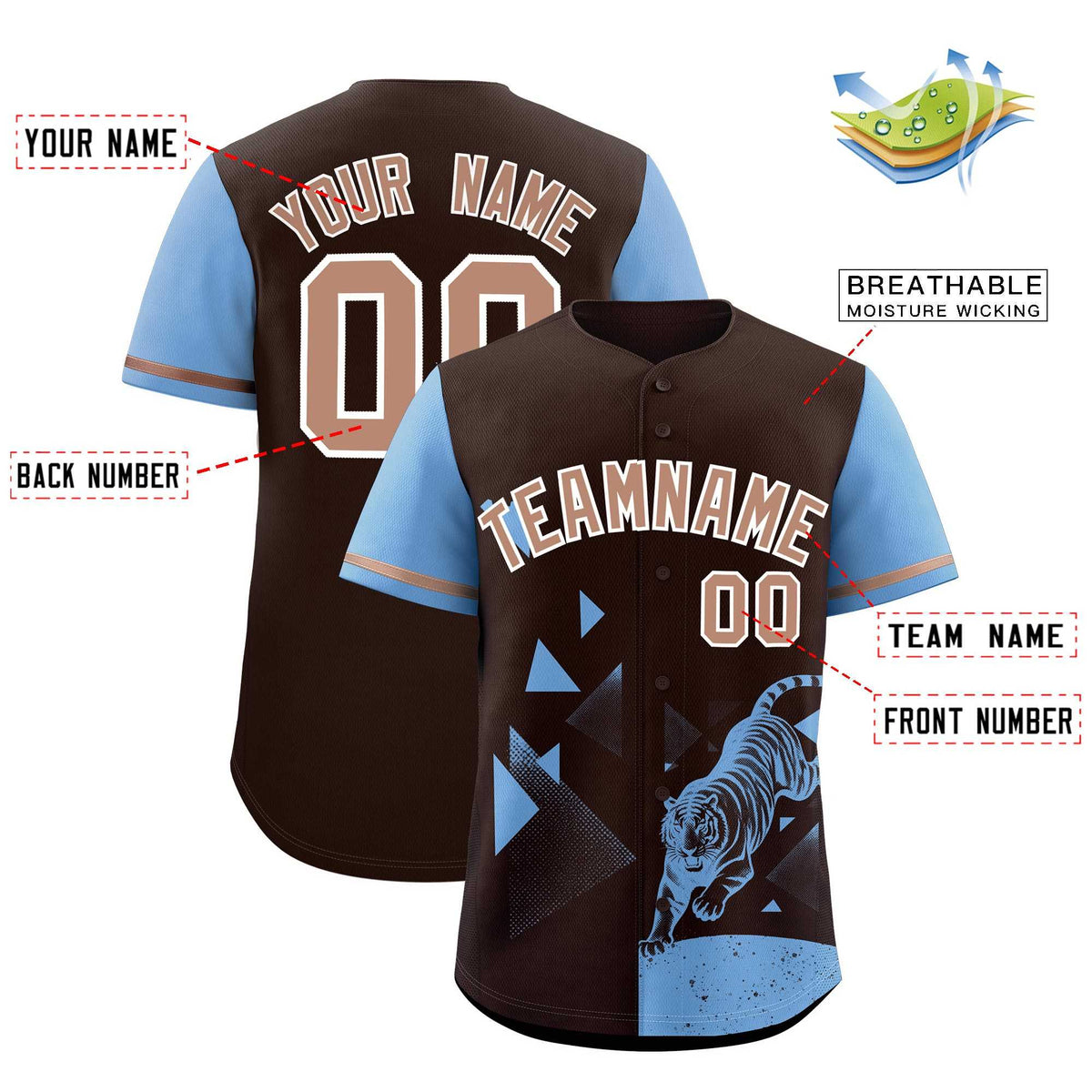 Custom Powder Blue Brown Raptor Series Raglan Sleeves Drapable Baseball Jersey