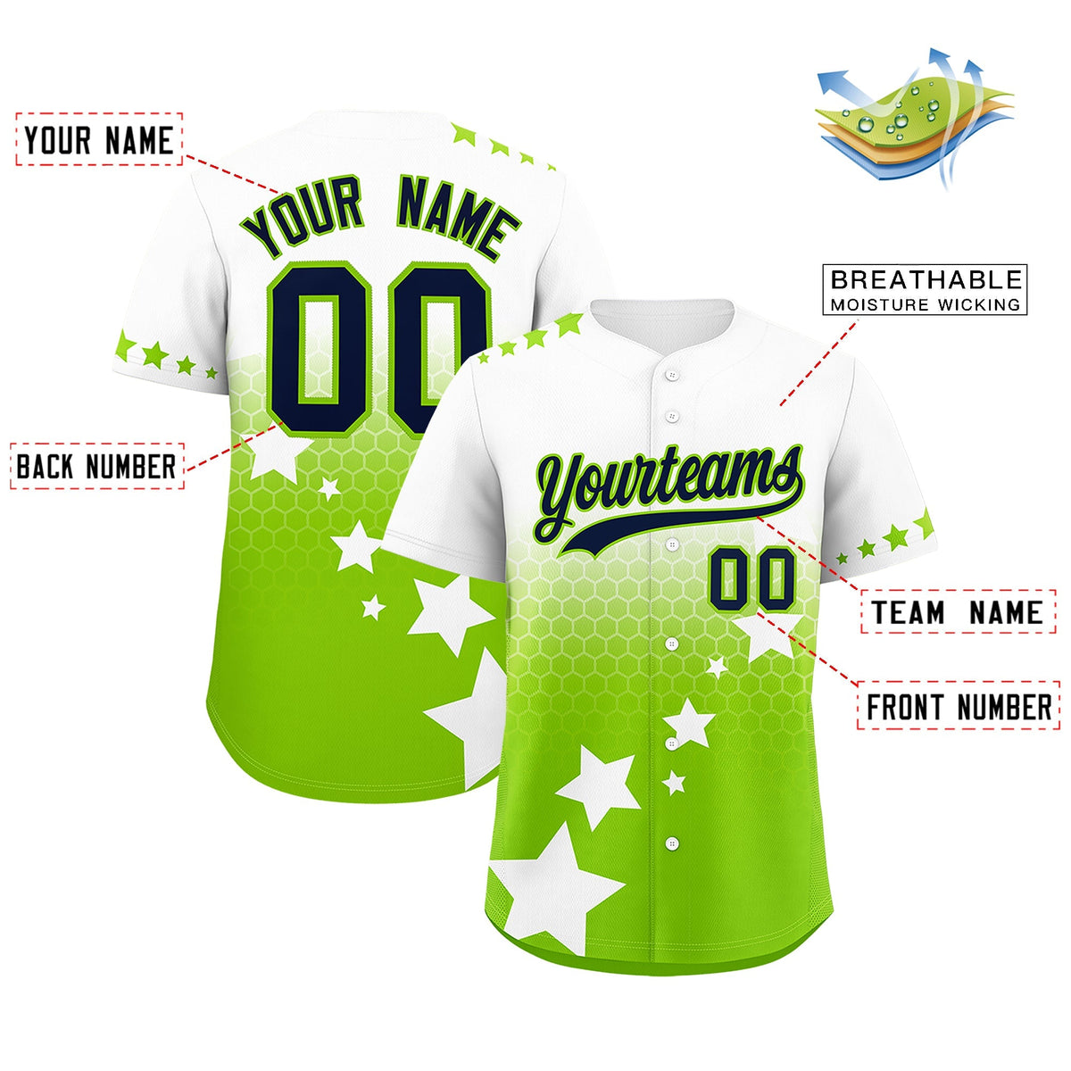 Custom White Neon Green Navy Rising Stars Series Gradient Fashion Baseball Jersey| KXKSHOP