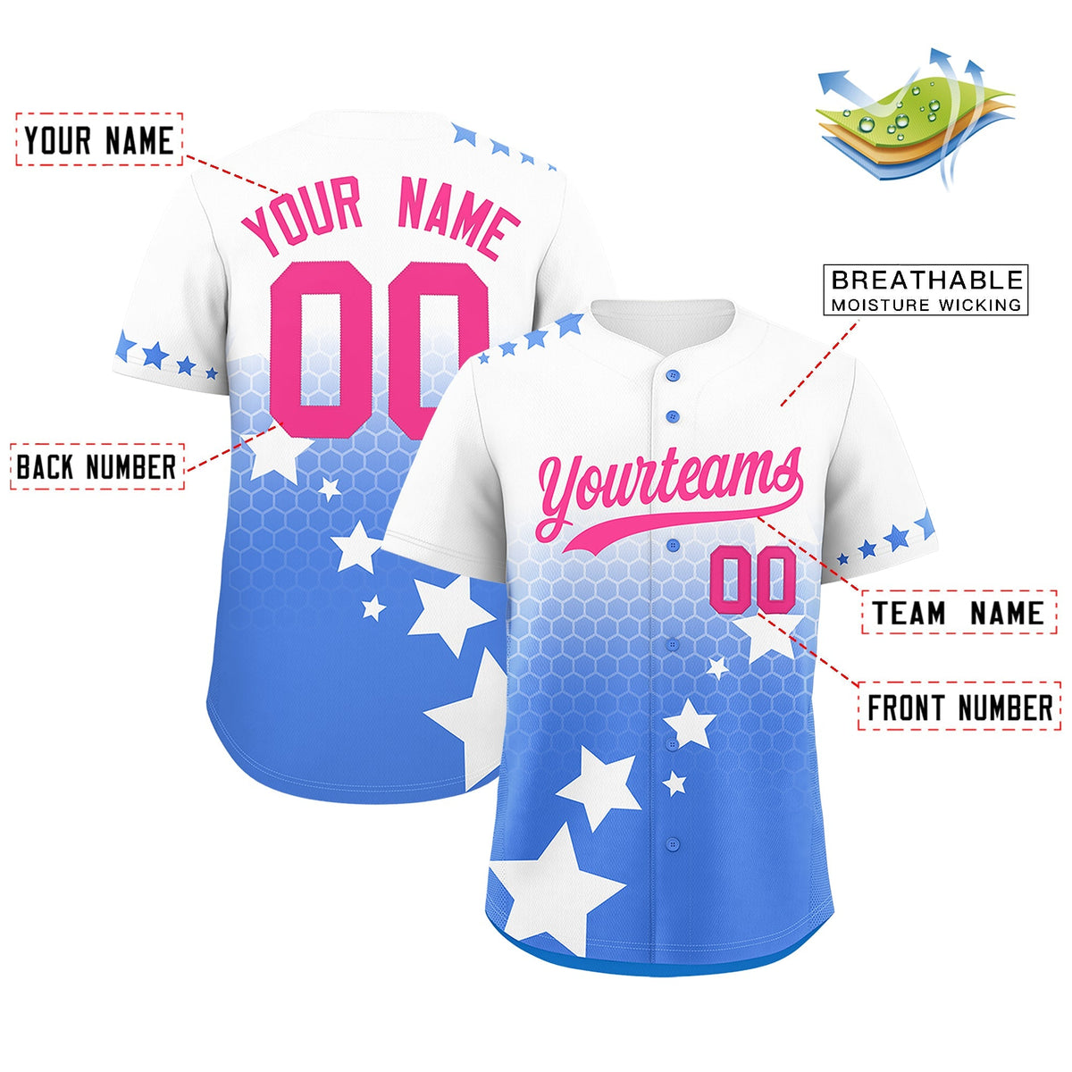 Custom White Powder Blue Pink Rising Stars Series Gradient Fashion Baseball Jersey| KXKSHOP