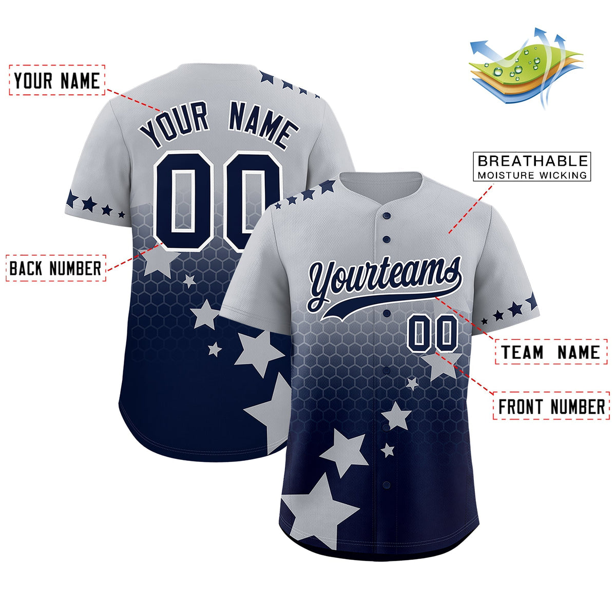 Custom Gray Navy White Rising Stars Series Gradient Fashion Baseball Jersey| KXKSHOP