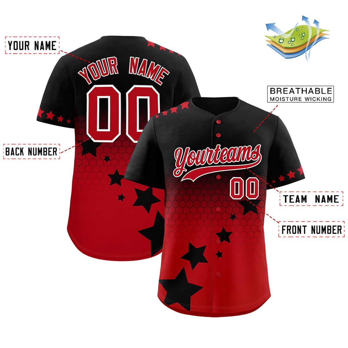 Custom Black Red White Rising Stars Series Gradient Fashion Baseball Jersey| KXKSHOP