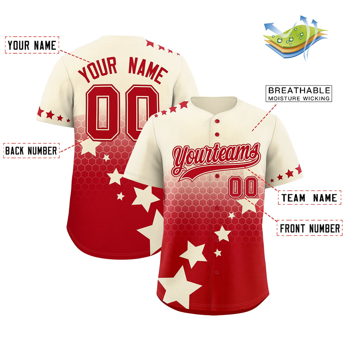 Custom Cream Red Rising Stars Series Gradient Fashion Baseball Jersey| KXKSHOP