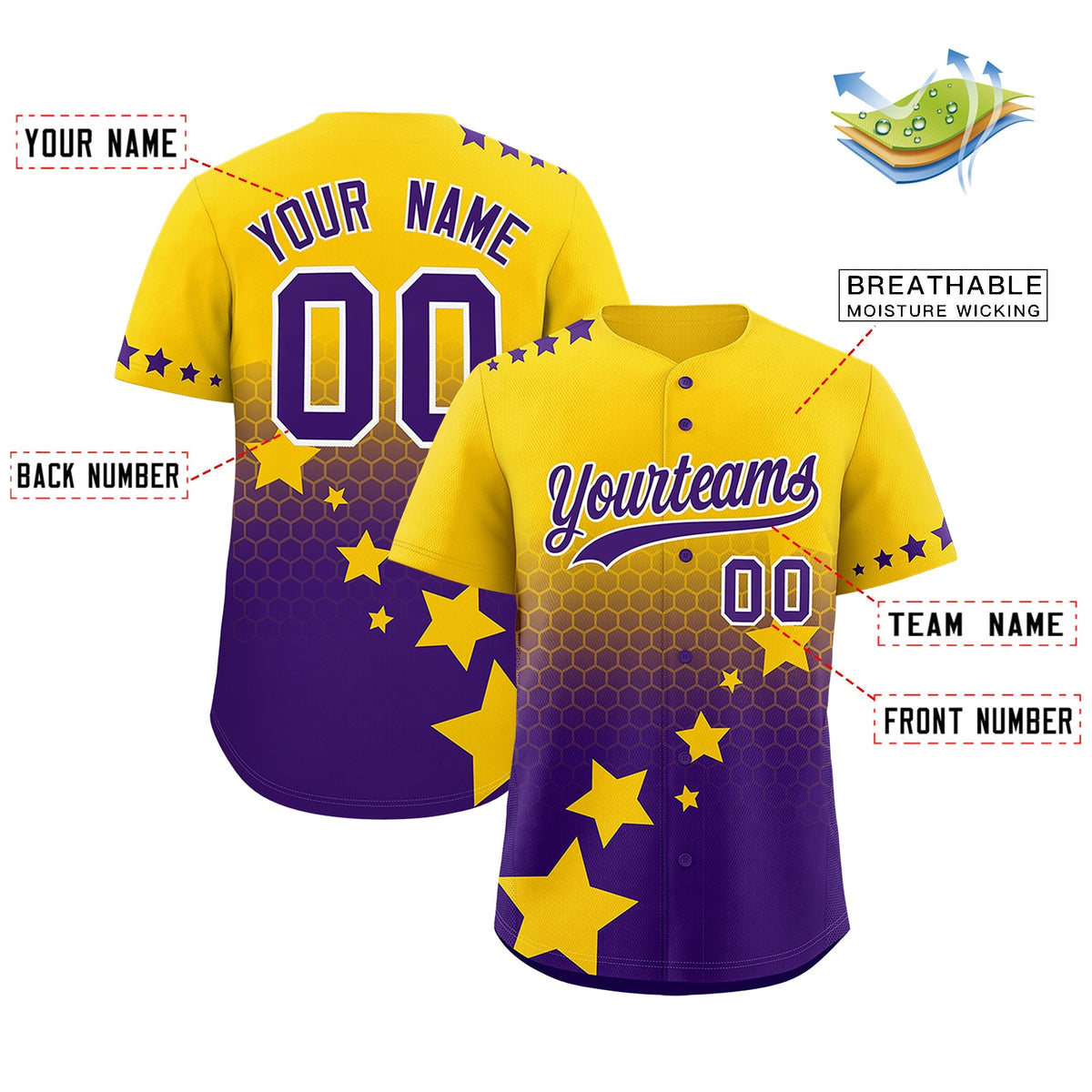 Custom Gold Purple White Rising Stars Series Gradient Fashion Baseball Jersey| KXKSHOP