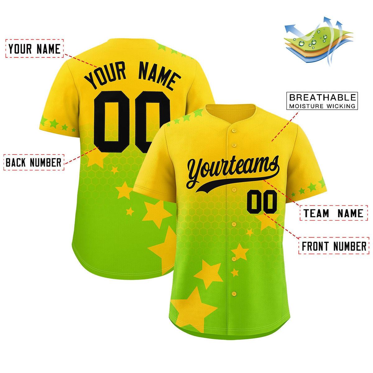 Custom Gold Neon Green Black Rising Stars Series Gradient Fashion Baseball Jersey| KXKSHOP