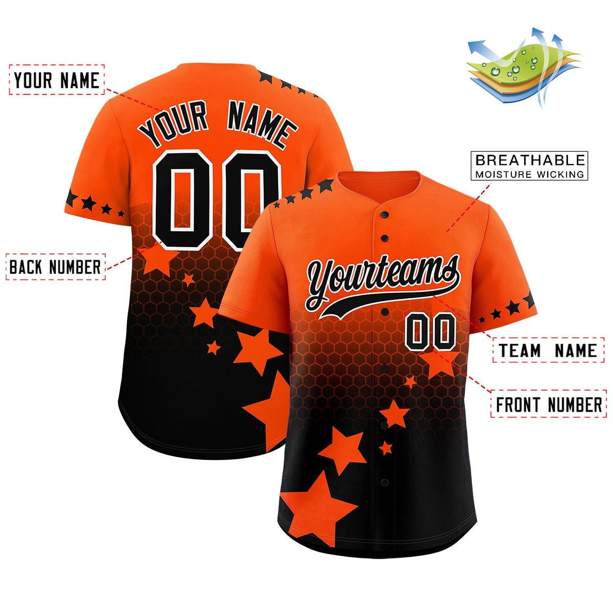 Custom Orange Black White Rising Stars Series Gradient Fashion Baseball Jersey| KXKSHOP