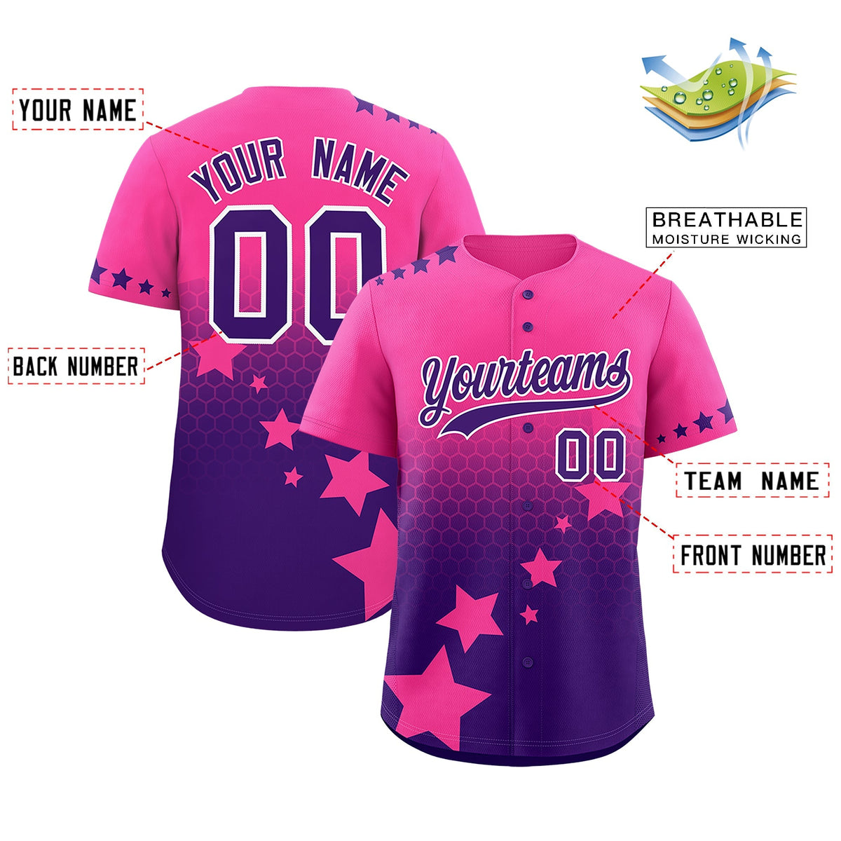 Custom Pink Purple White Rising Stars Series Gradient Fashion Baseball Jersey| KXKSHOP