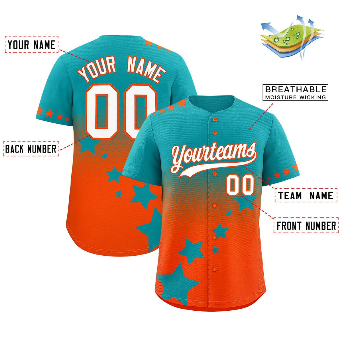 Custom Aqua Orange White Rising Stars Series Gradient Fashion Baseball Jersey| KXKSHOP