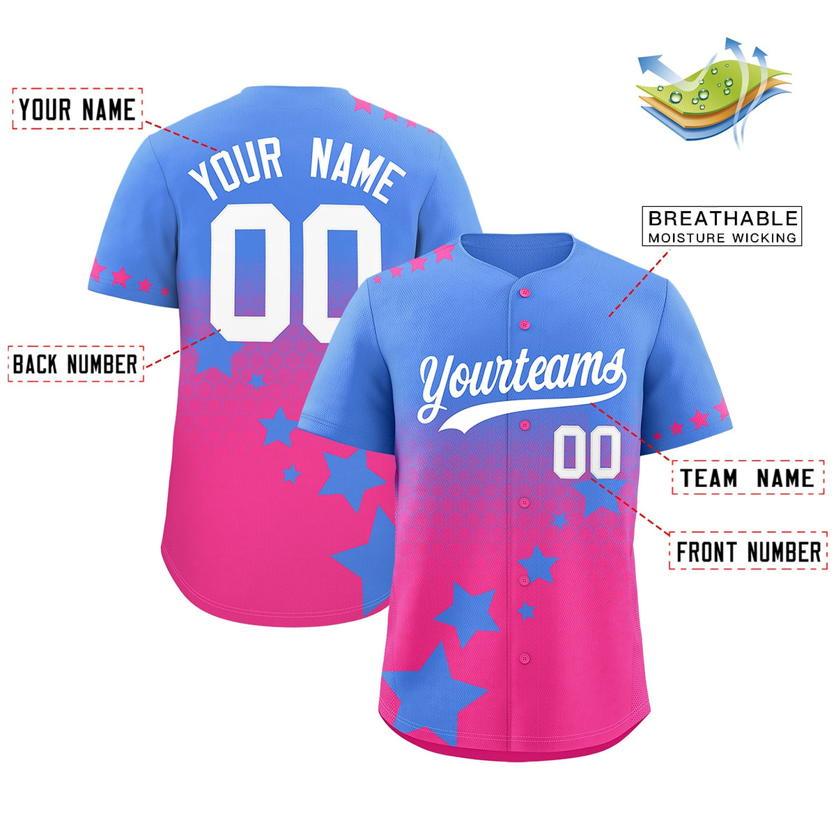 Custom Powder Blue Pink White Rising Stars Series Gradient Fashion Baseball Jersey| KXKSHOP