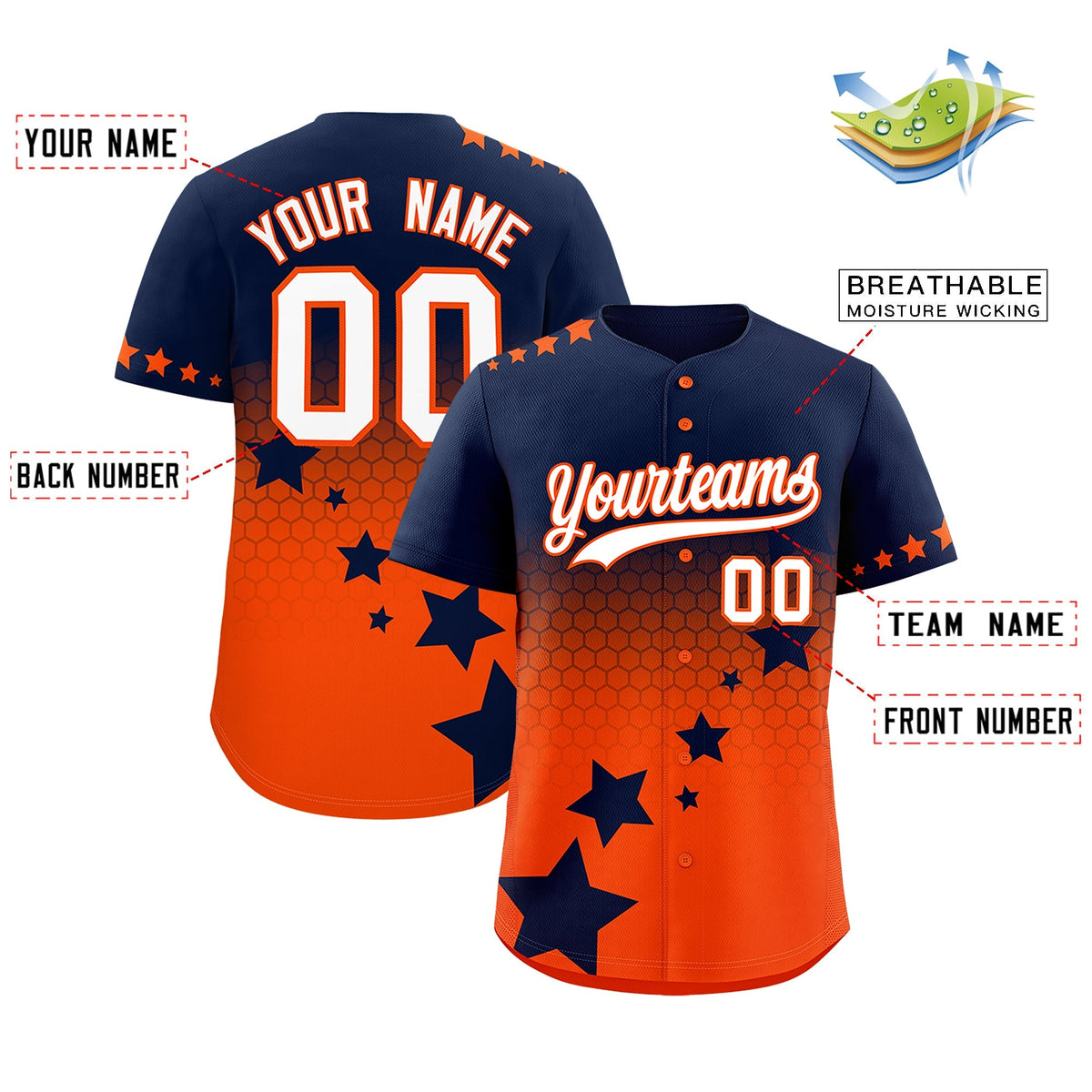 Custom Navy Orange White Rising Stars Series Gradient Fashion Baseball Jersey| KXKSHOP