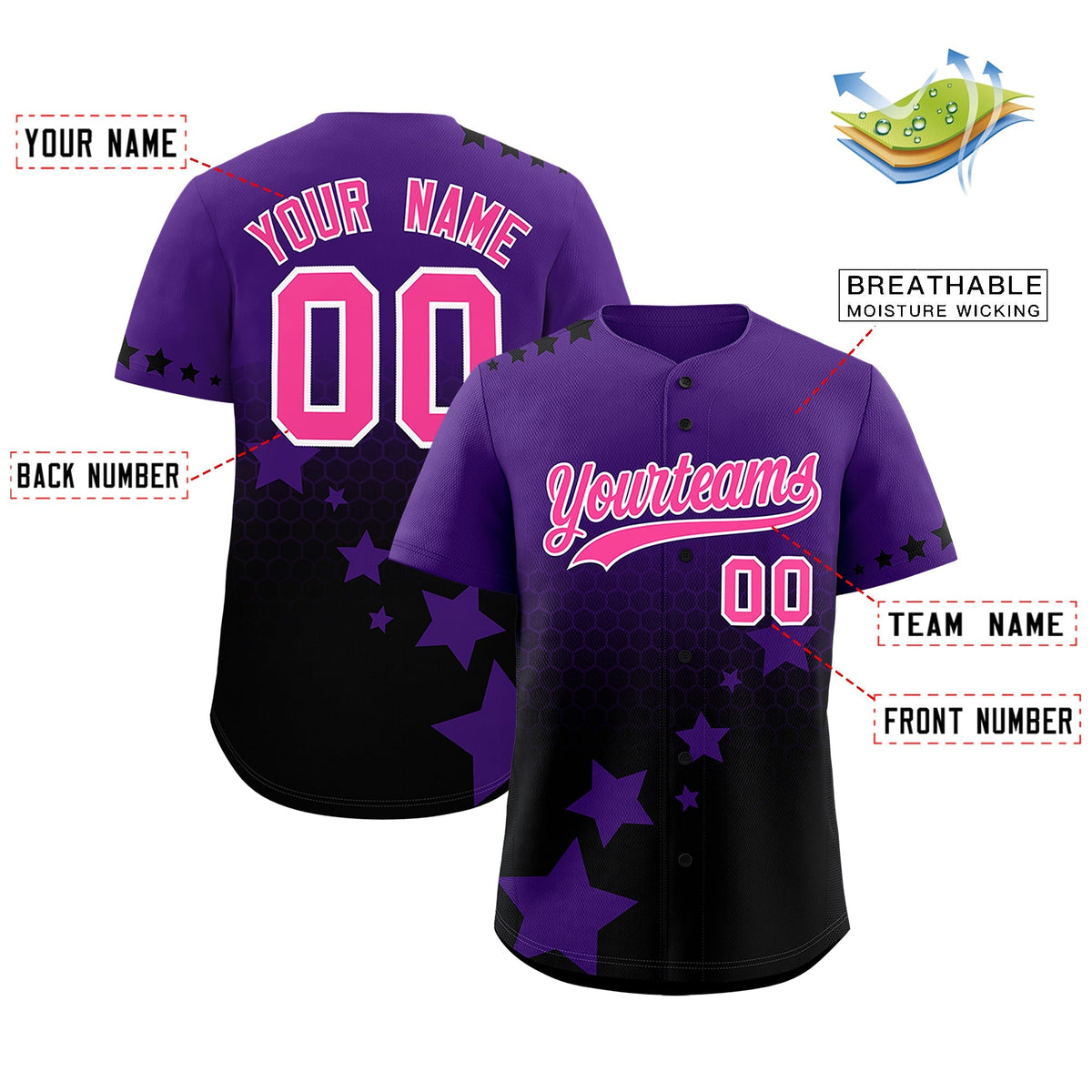 Custom Purple Black Pink Rising Stars Series Gradient Fashion Baseball Jersey| KXKSHOP
