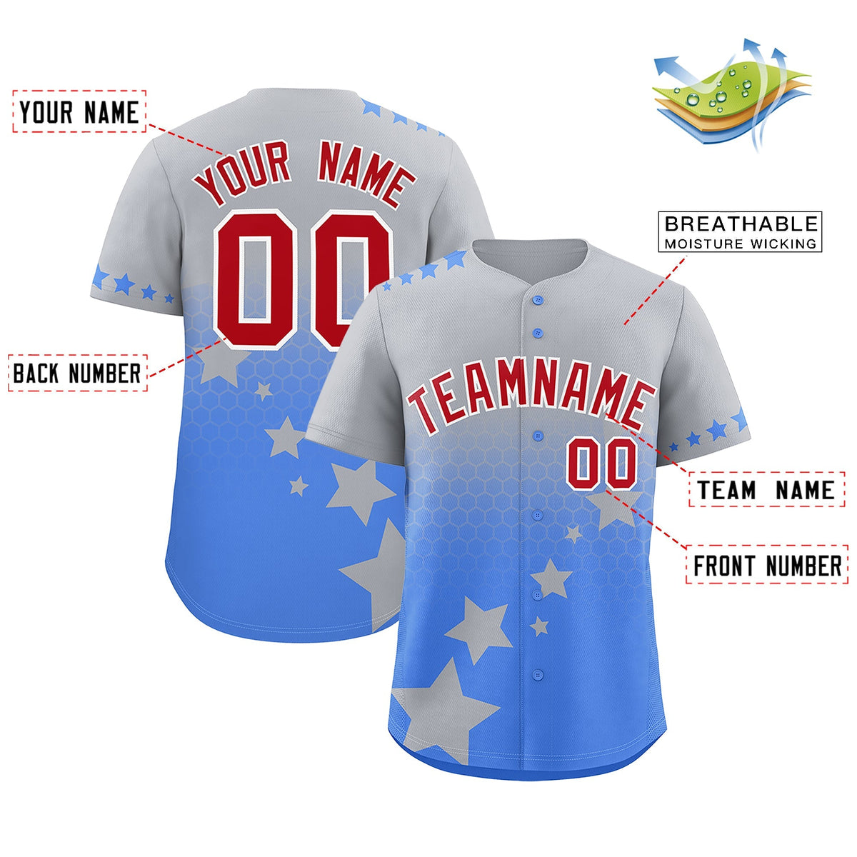 Custom Gray Powder Blue Red Rising Stars Series Gradient Fashion Baseball Jersey| KXKSHOP