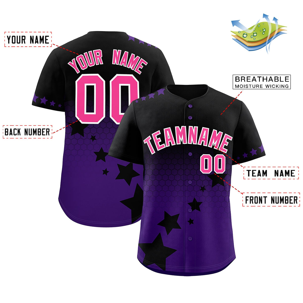 Custom Black Purple Pink Rising Stars Series Gradient Fashion Baseball Jersey| KXKSHOP