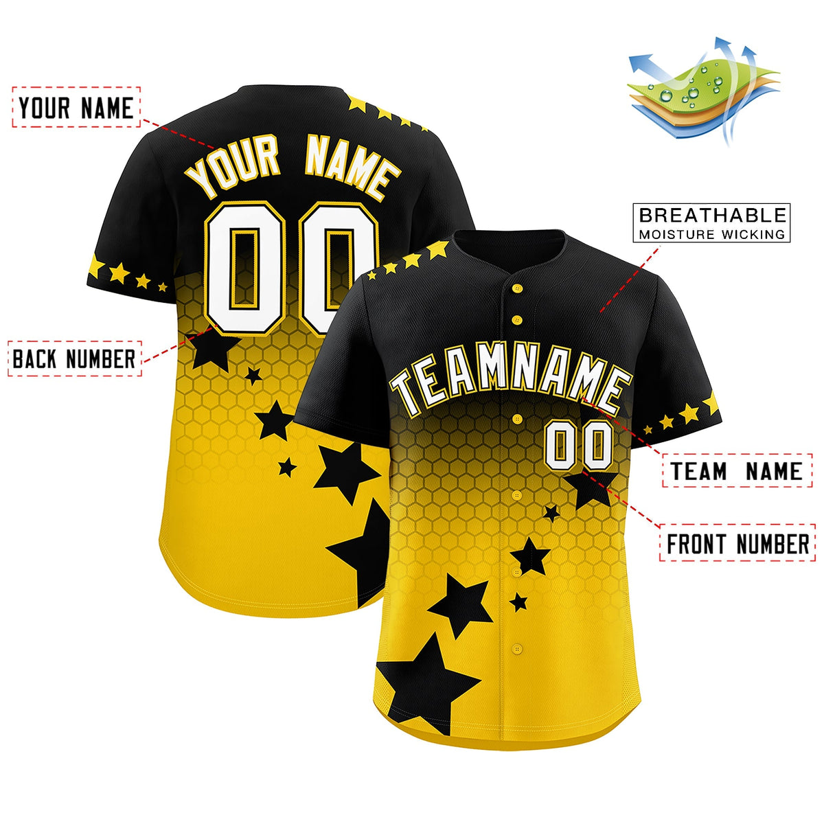 Custom Black Gold White Rising Stars Series Gradient Fashion Baseball Jersey| KXKSHOP