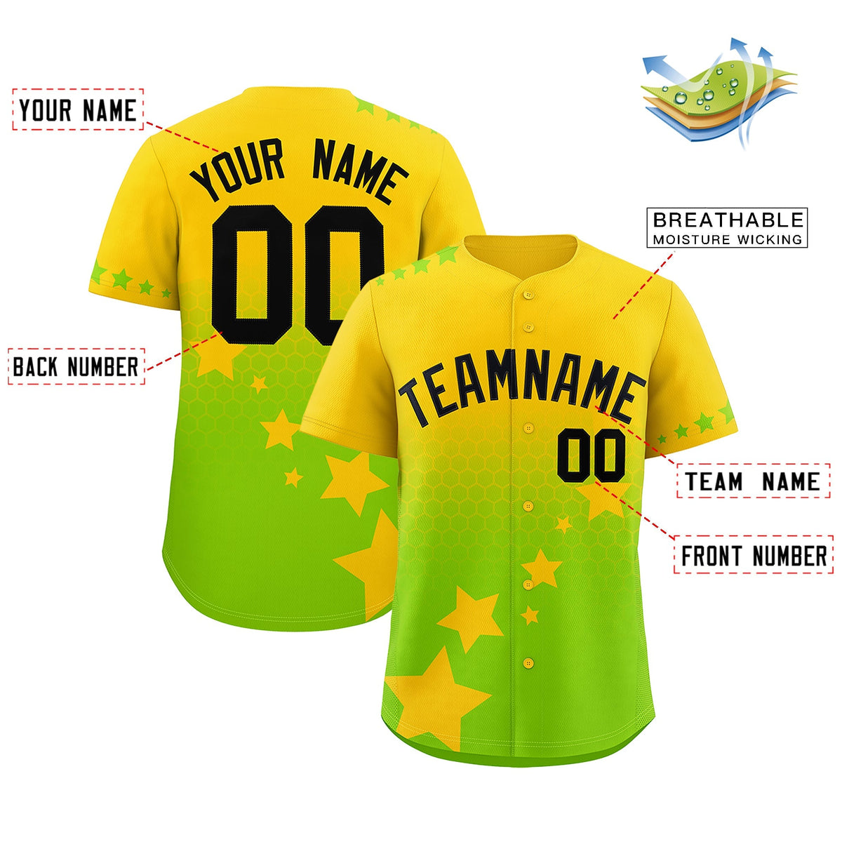 Custom Gold Neon Green Black Rising Stars Series Gradient Fashion Baseball Jersey| KXKSHOP