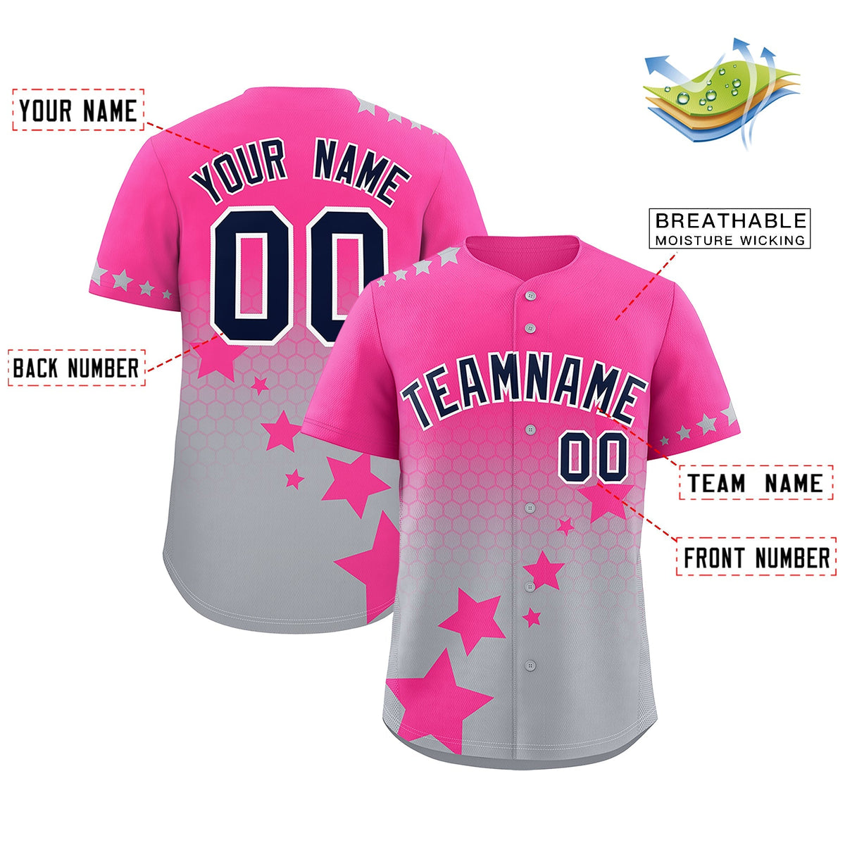 Custom Pink Gray Navy Rising Stars Series Gradient Fashion Baseball Jersey| KXKSHOP