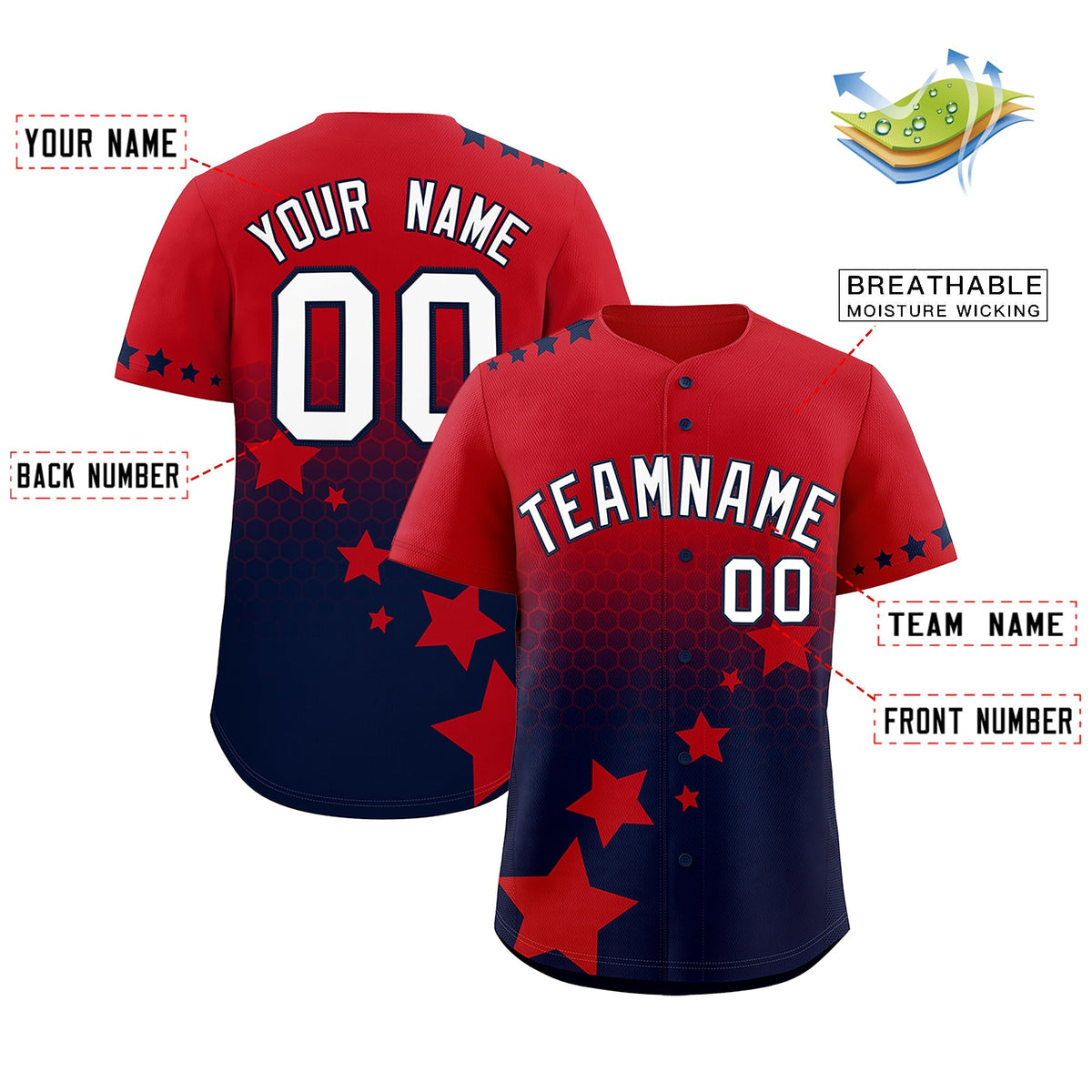 Custom Red Navy White Rising Stars Series Gradient Fashion Baseball Jersey| KXKSHOP