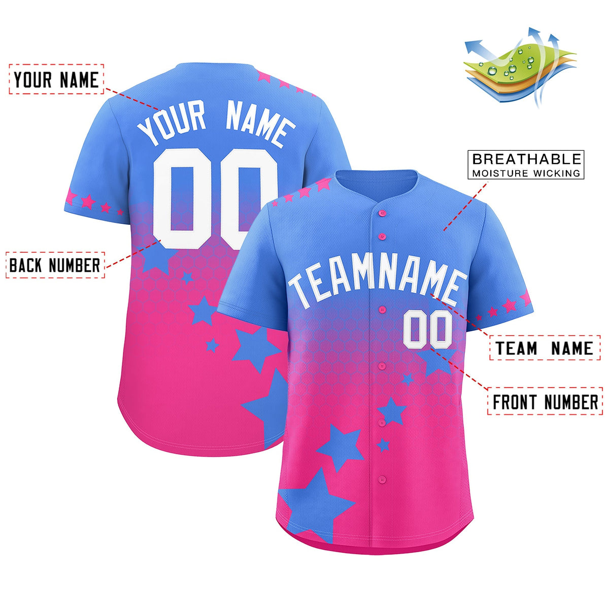 Custom Powder Blue Pink White Rising Stars Series Gradient Fashion Baseball Jersey| KXKSHOP