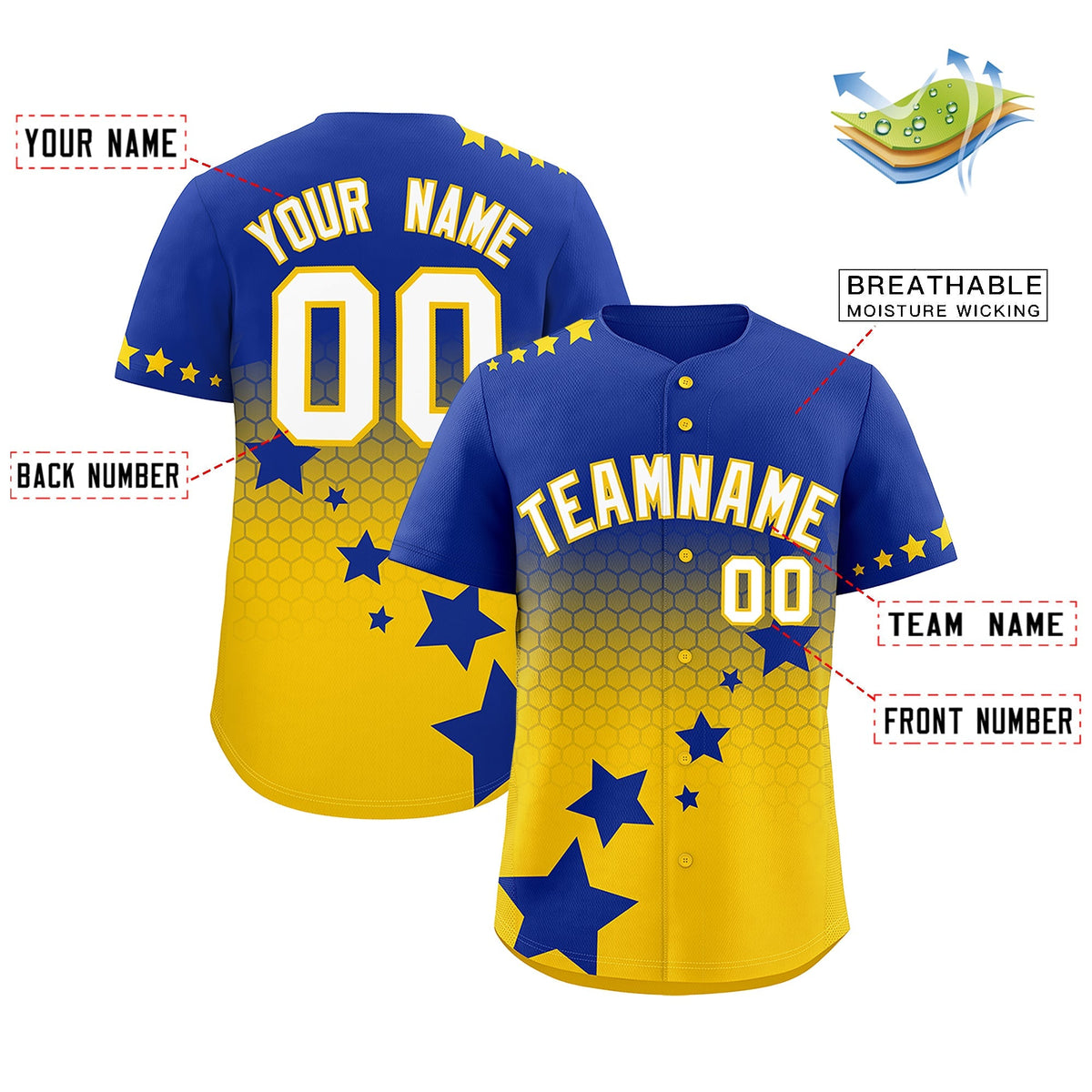 Custom Royal Blue Gold White Rising Stars Series Gradient Fashion Baseball Jersey| KXKSHOP