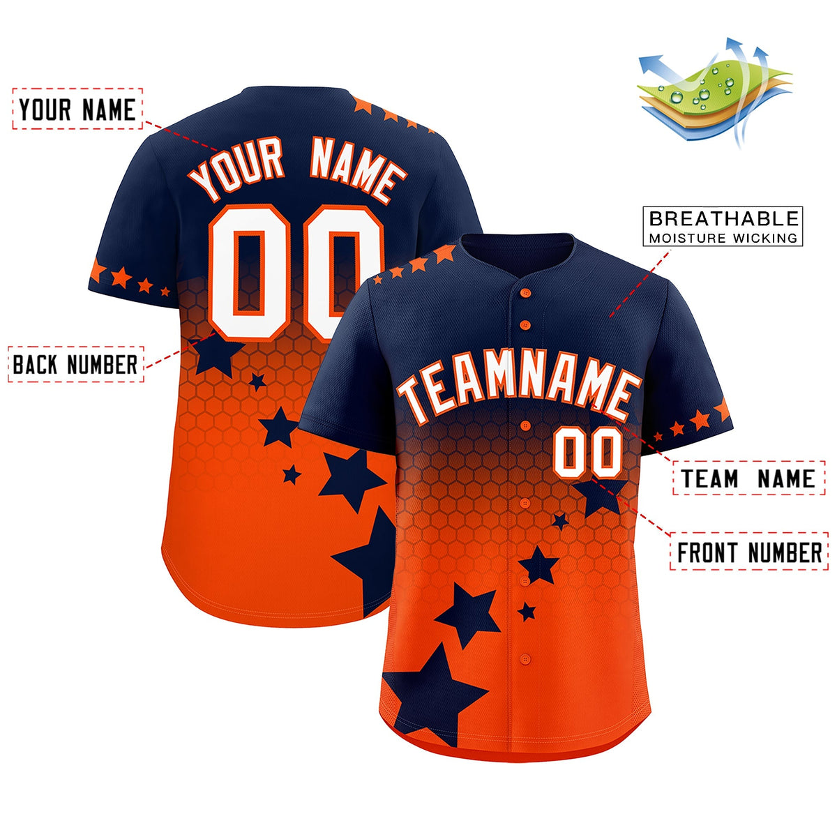 Custom Navy Orange White Rising Stars Series Gradient Fashion Baseball Jersey| KXKSHOP