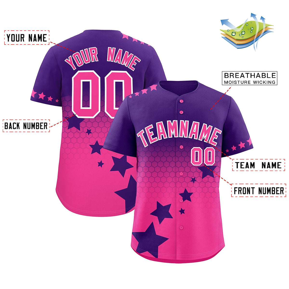 Custom Purple Pink White Rising Stars Series Gradient Fashion Baseball Jersey| KXKSHOP