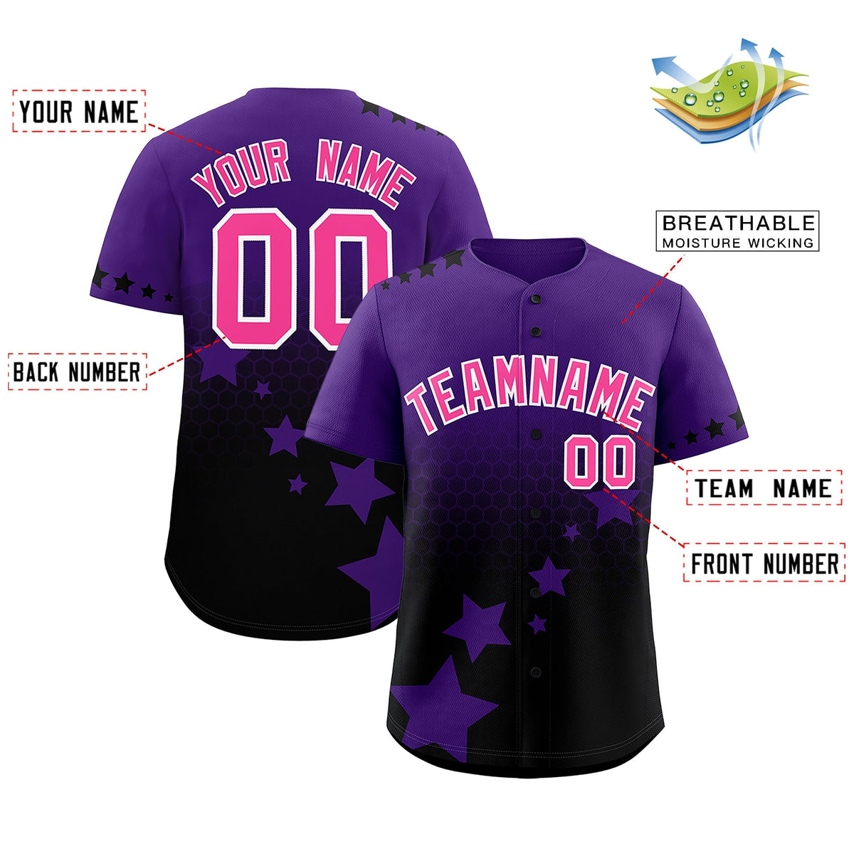 Custom Purple Black Pink Rising Stars Series Gradient Fashion Baseball Jersey| KXKSHOP