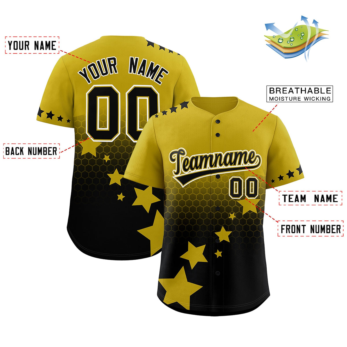 Custom Old Gold Black White Rising Stars Series Gradient Fashion Baseball Jersey| KXKSHOP