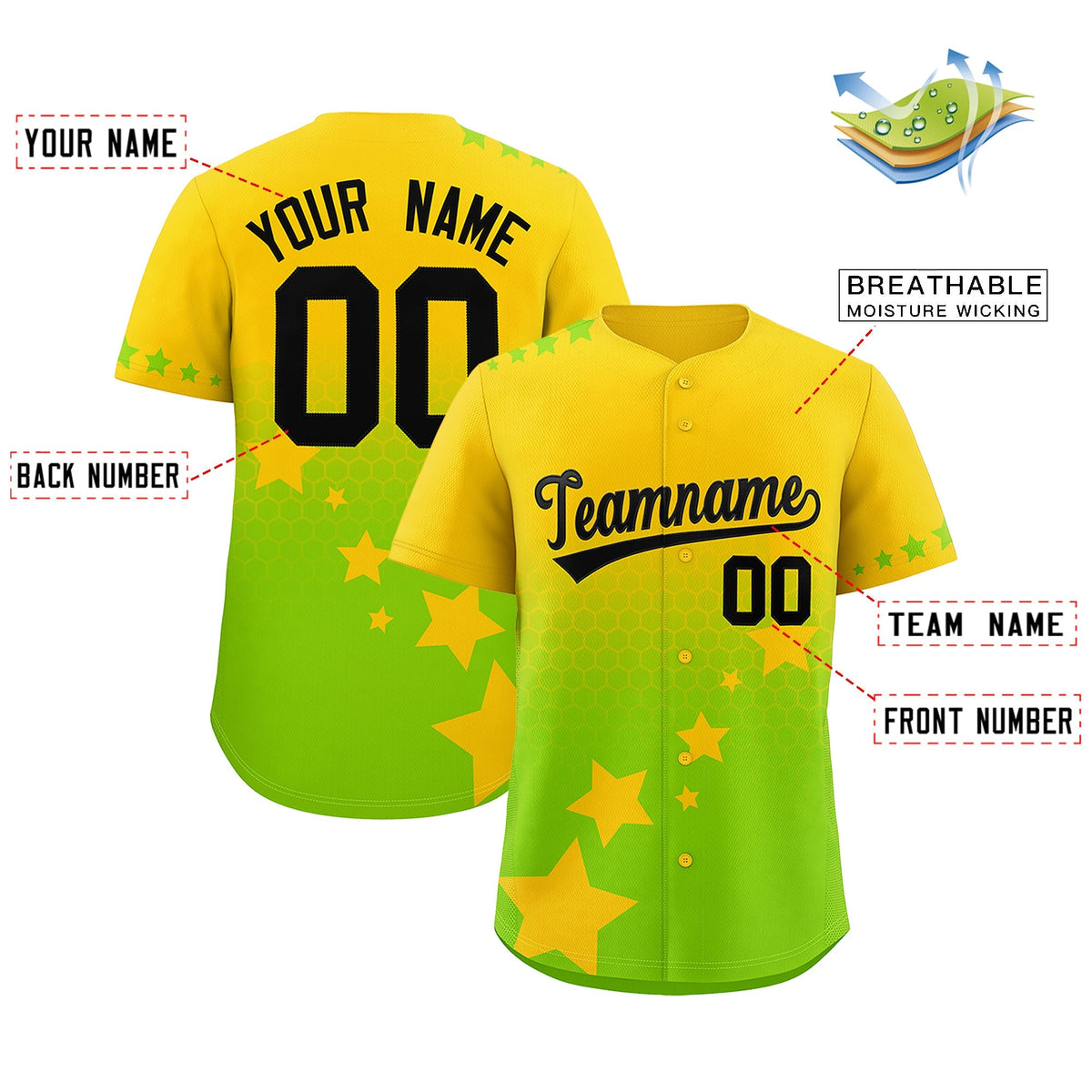 Custom Gold Neon Green Black Rising Stars Series Gradient Fashion Baseball Jersey| KXKSHOP
