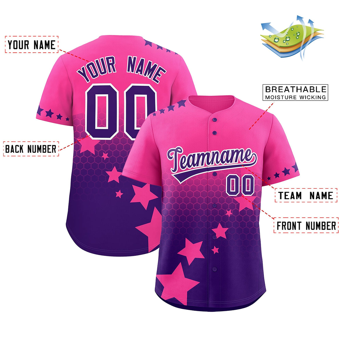 Custom Pink Purple White Rising Stars Series Gradient Fashion Baseball Jersey| KXKSHOP