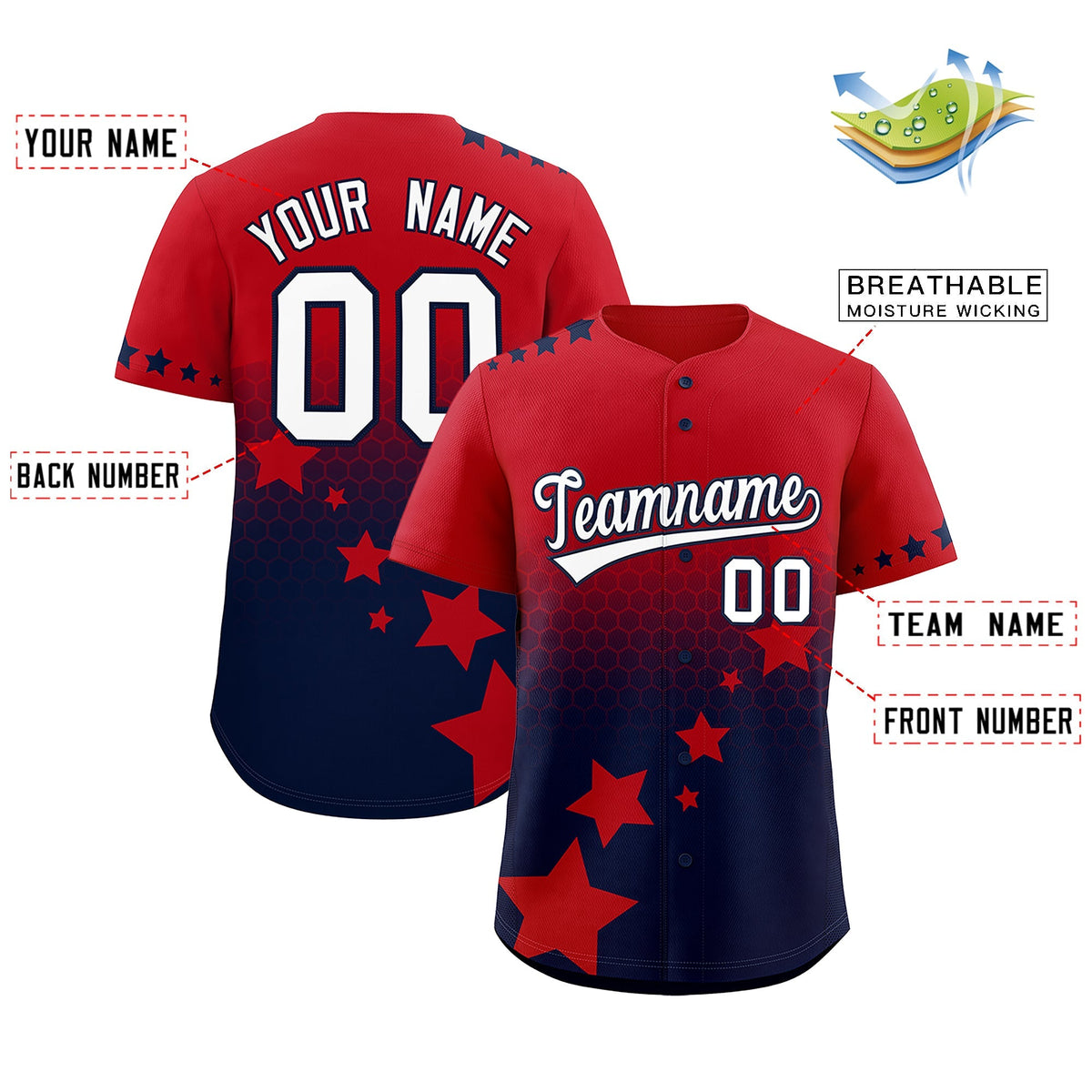 Custom Red Navy White Rising Stars Series Gradient Fashion Baseball Jersey| KXKSHOP
