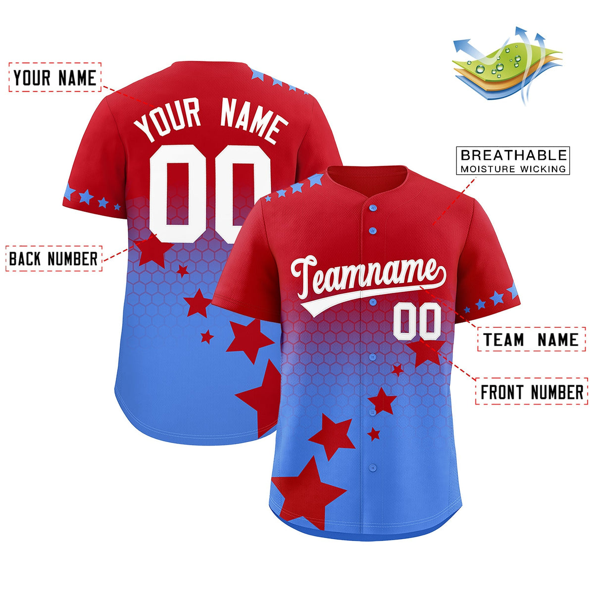 Custom Red Powder Blue White Rising Stars Series Gradient Fashion Baseball Jersey| KXKSHOP