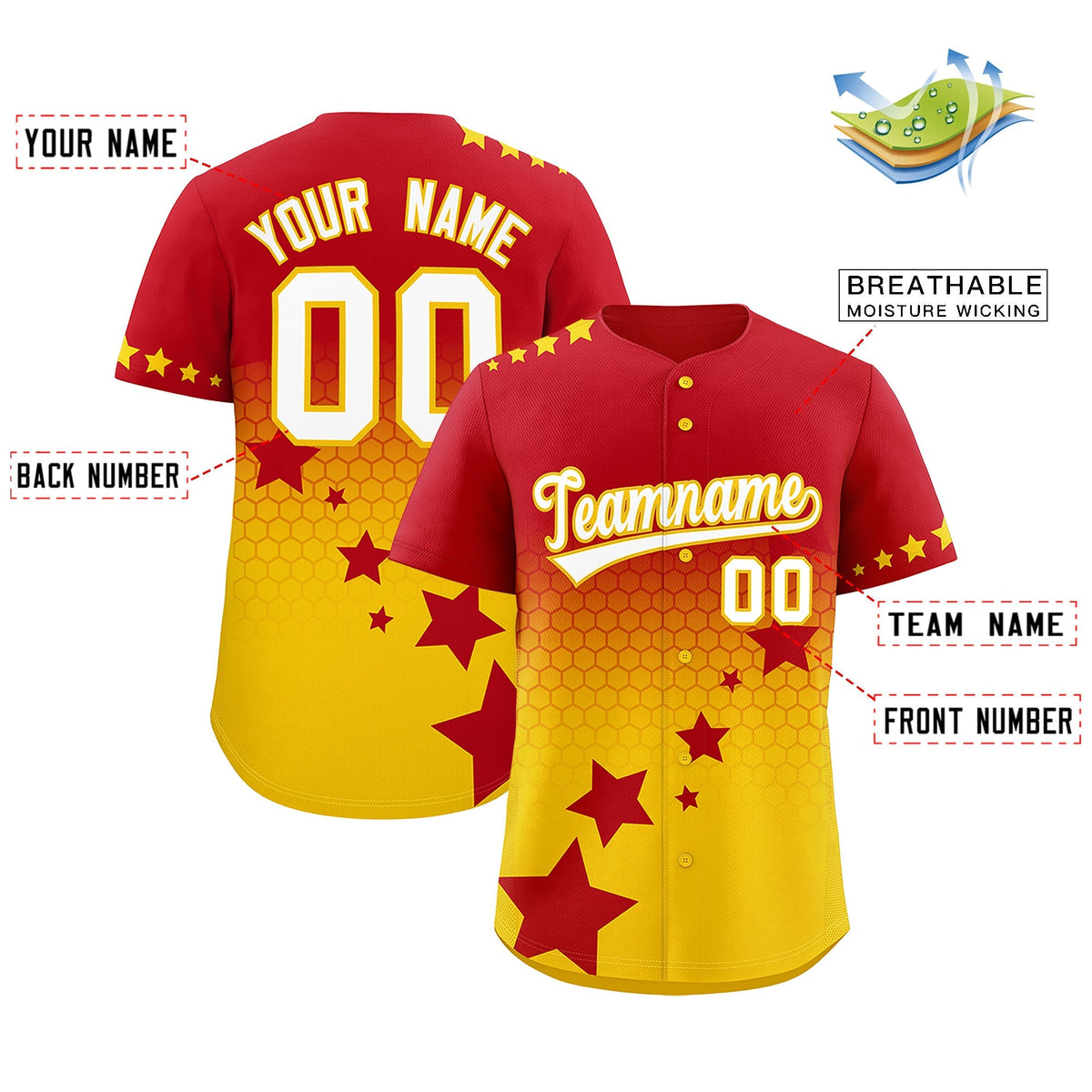 Custom Red Gold White Rising Stars Series Gradient Fashion Baseball Jersey| KXKSHOP