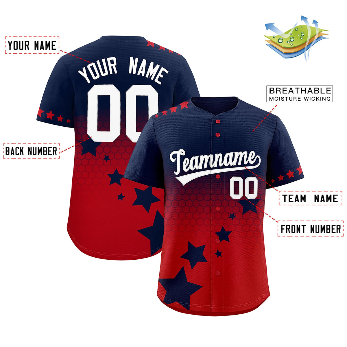 Custom Navy Red White Rising Stars Series Gradient Fashion Baseball Jersey| KXKSHOP