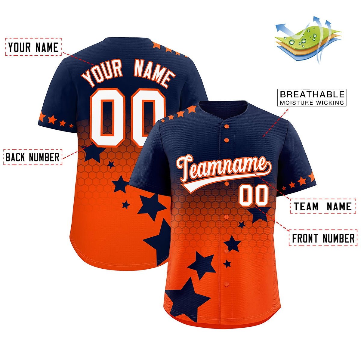 Custom Navy Orange White Rising Stars Series Gradient Fashion Baseball Jersey| KXKSHOP