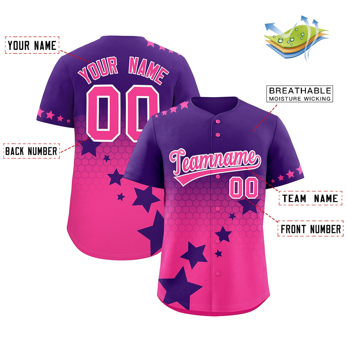 Custom Purple Pink White Rising Stars Series Gradient Fashion Baseball Jersey| KXKSHOP