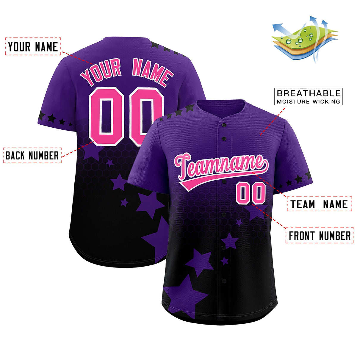 Custom Purple Black Pink Rising Stars Series Gradient Fashion Baseball Jersey| KXKSHOP