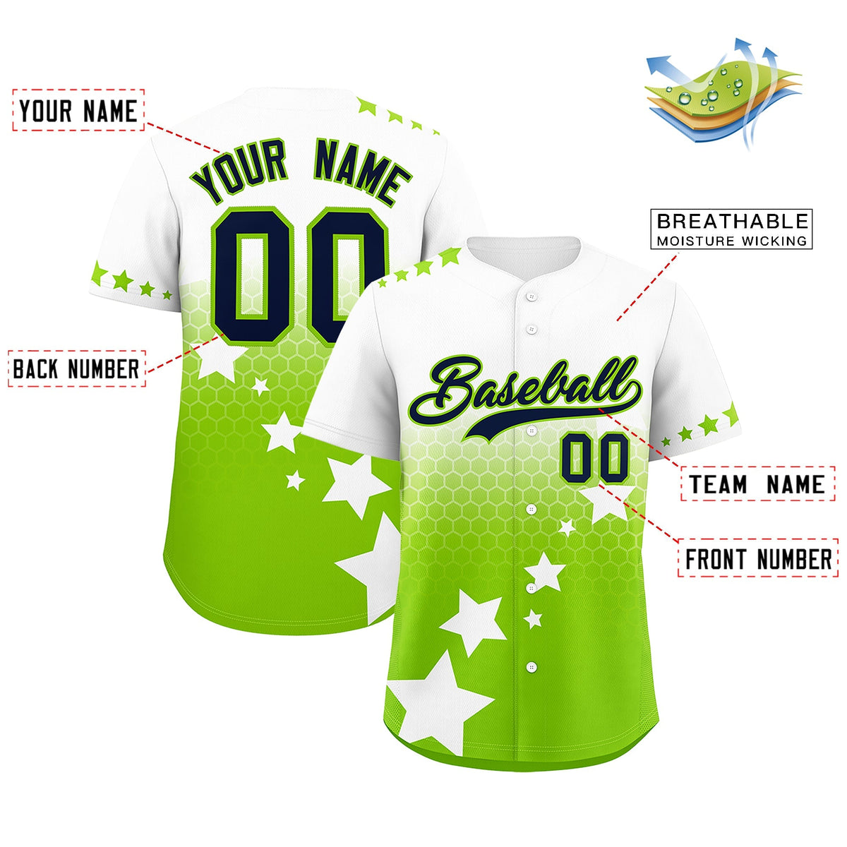 Custom White Neon Green Navy Rising Stars Series Gradient Fashion Baseball Jersey| KXKSHOP